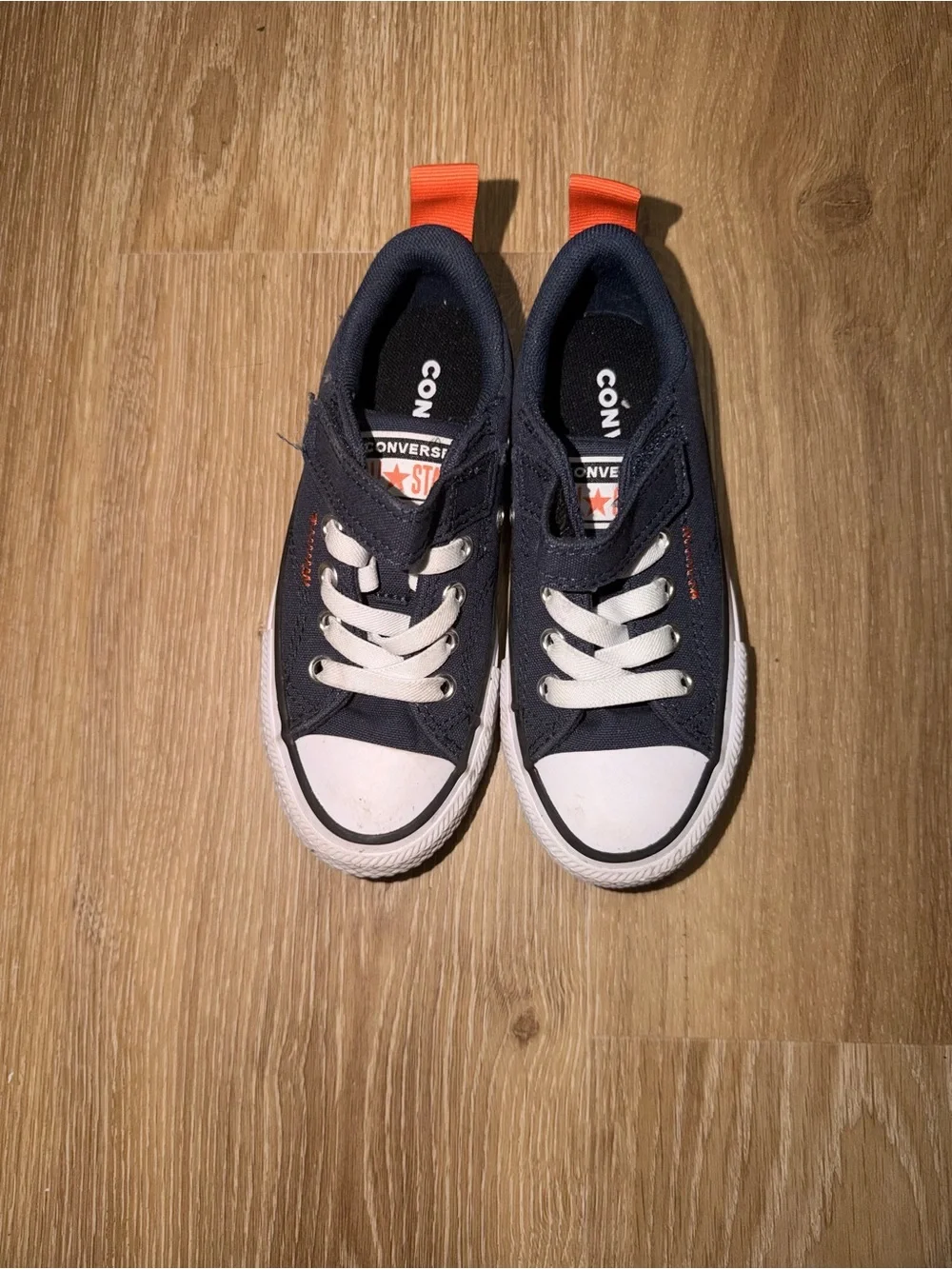 Converse Kids Blue and White Low-Top Sneakers with Orange Pull Tab (Unisex)
